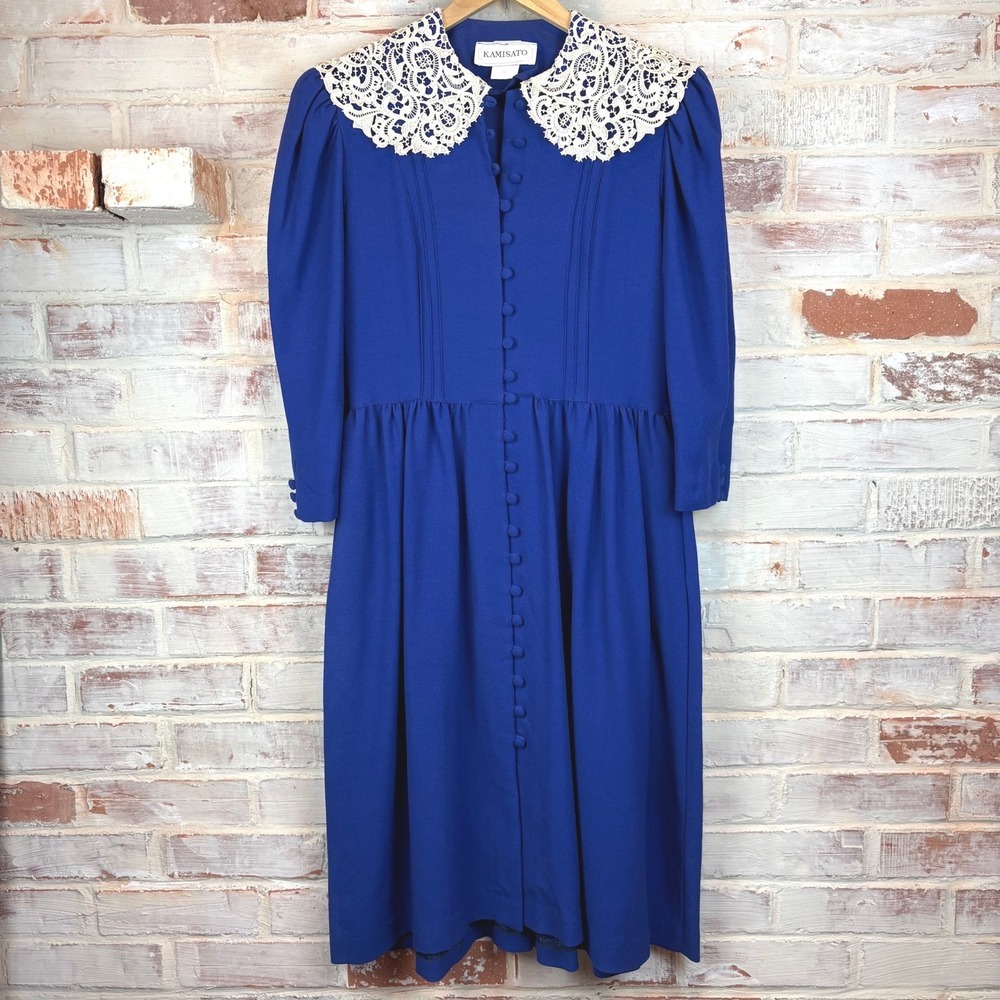 Vintage 80s Cobalt Blue Lace Collar Midi Dress Size 12 Prairie Secretary